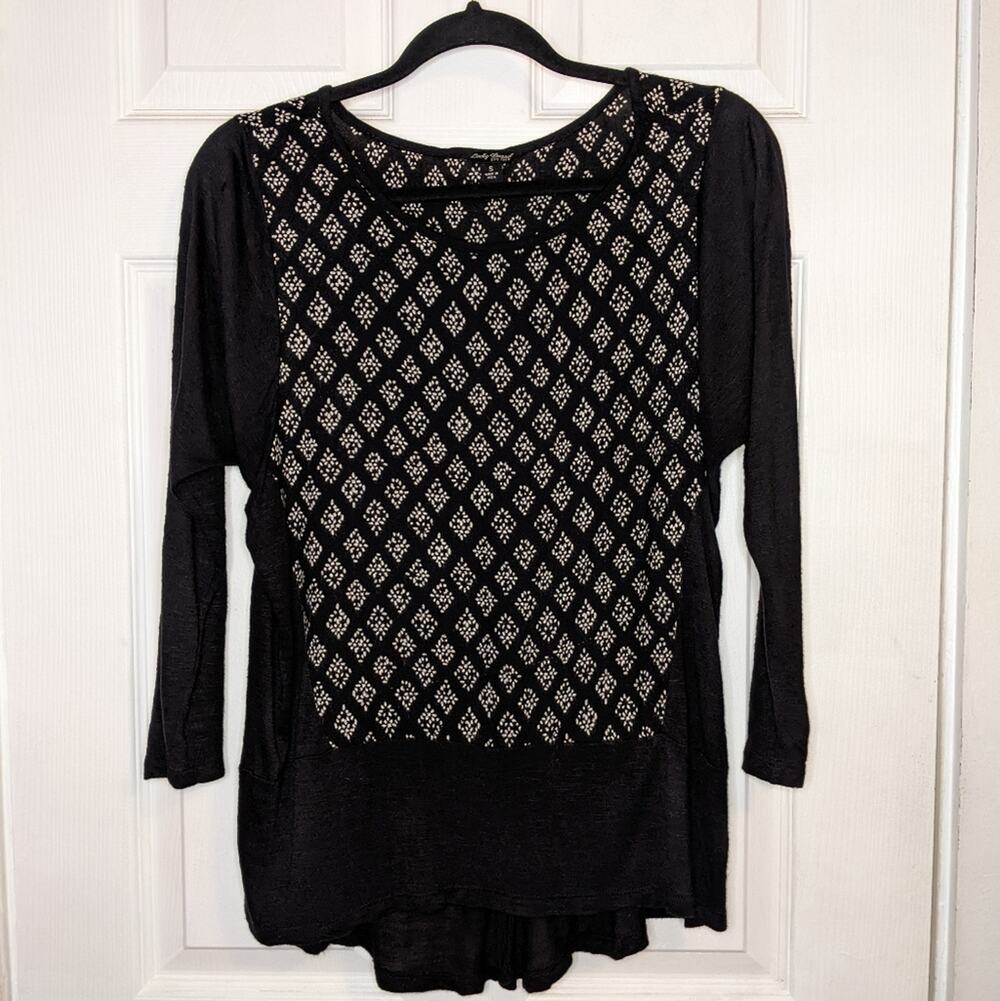 Lucky Brand Black & Tan Diamond Pattern Long Sleeve High Low Shirt S